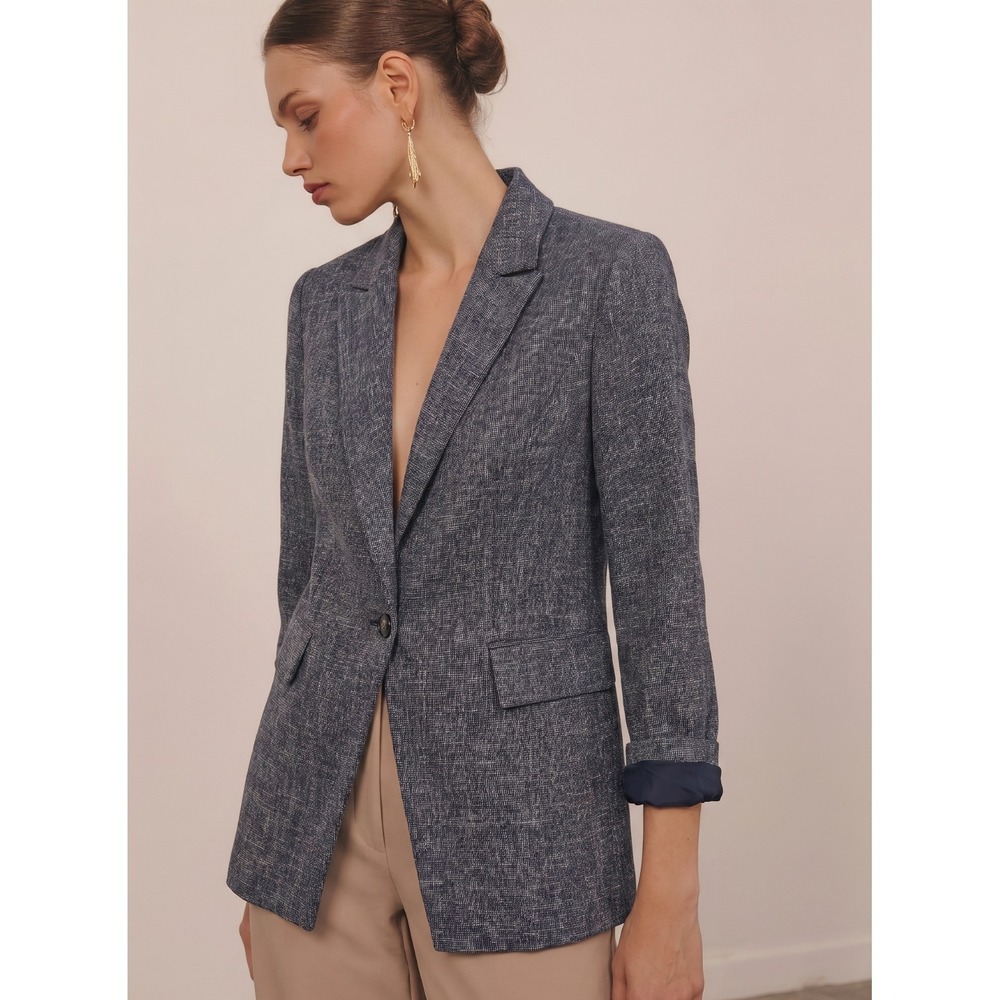 NWT WHBM Women's Gray Tweed Tailored One Button Blazer Sz 2 w/ Navy Accents